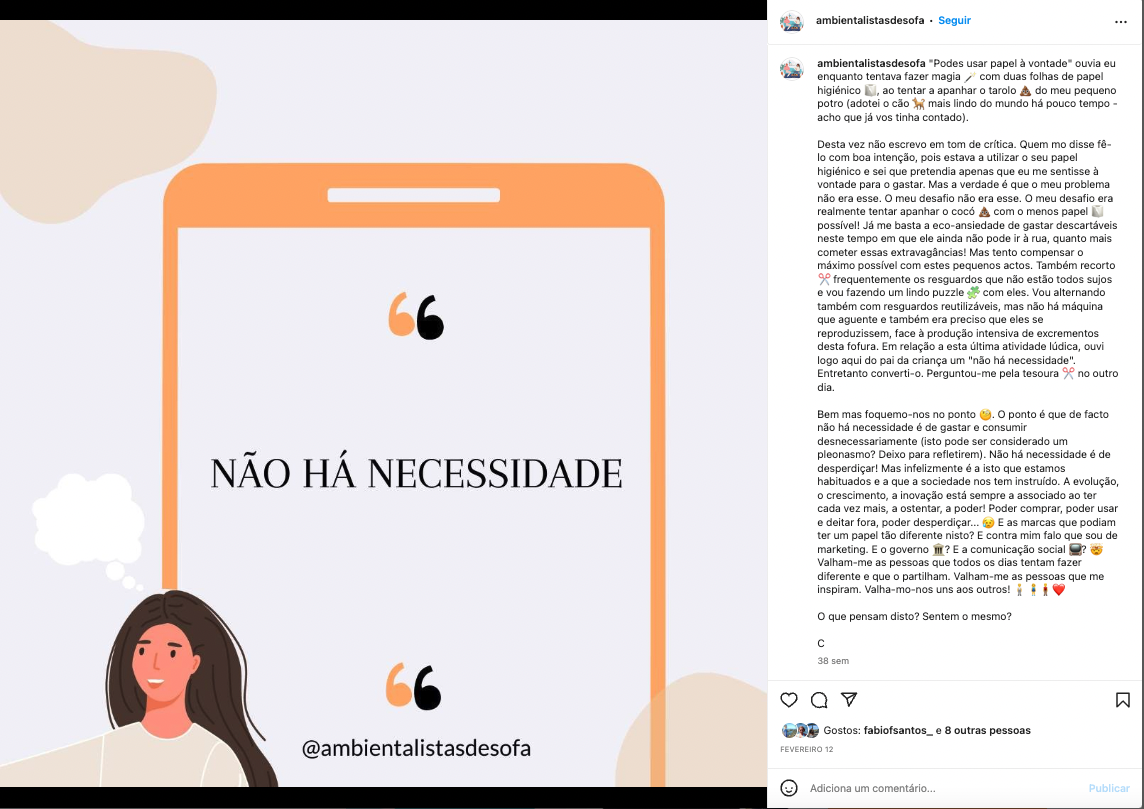 exemplo de post sobre sustentabilidade da página de instagram ambientalistas de sofá