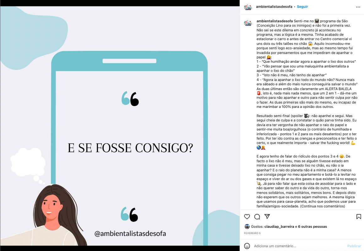 exemplo de post sobre sustentabilidade da página de instagram ambientalistas de sofá