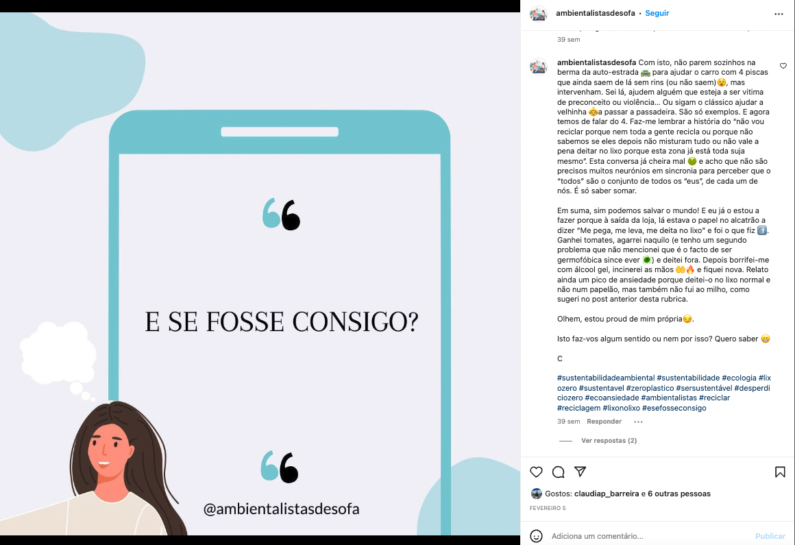 exemplo de post sobre sustentabilidade da página de instagram ambientalistas de sofá