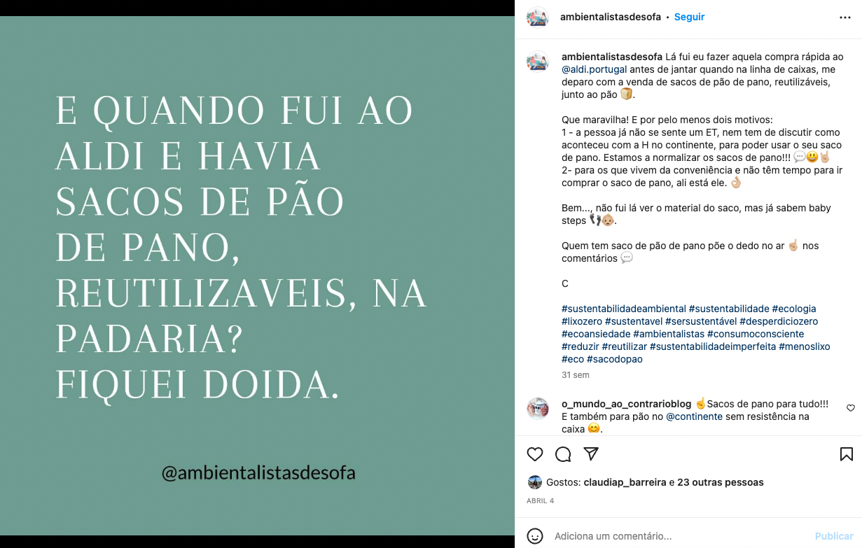 exemplo de post sobre sustentabilidade da página de instagram ambientalistas de sofá